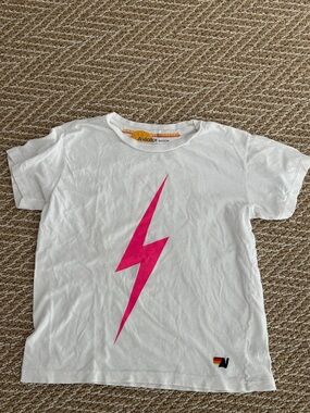 Aviator Nation Kids White t shirt with Hot Pink Lightning Bolt